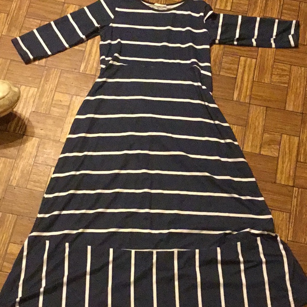 Long navy blue and white striped dress